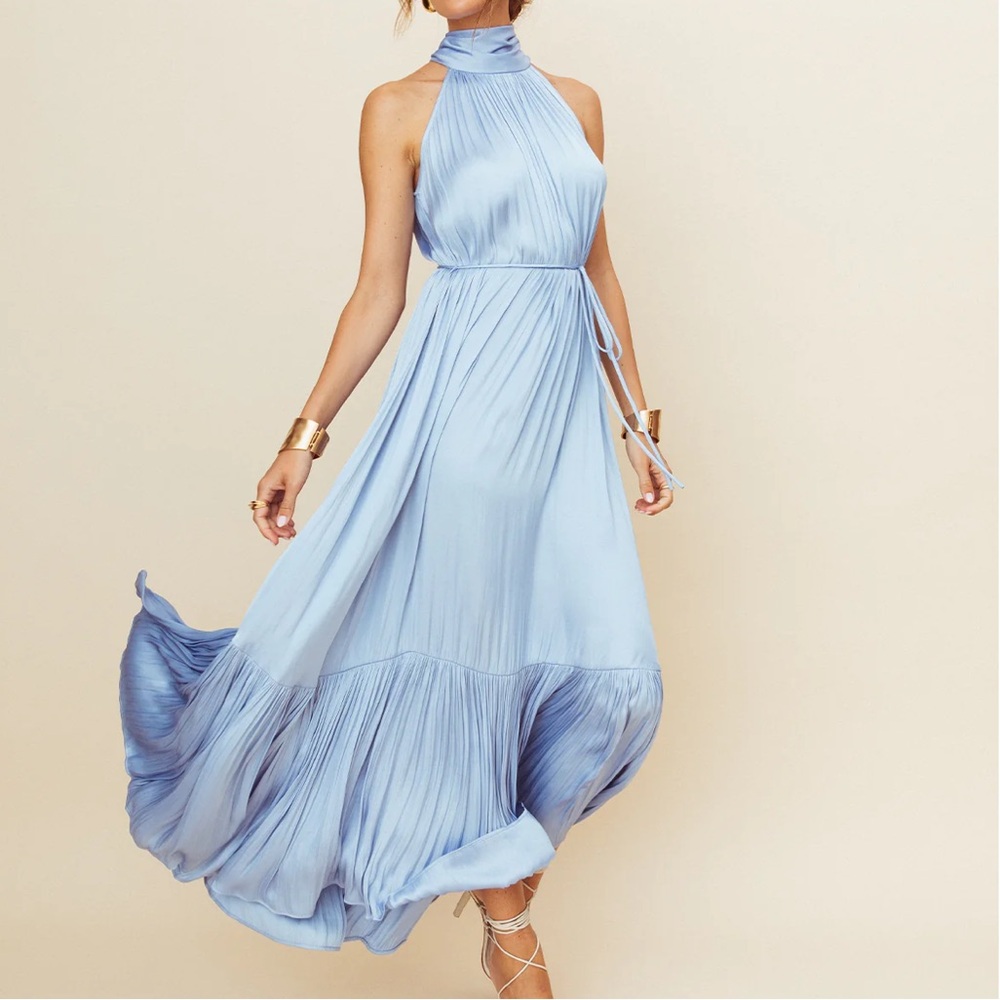 NWT One Pretty Time Elegant Blue Halter Maxi Dress